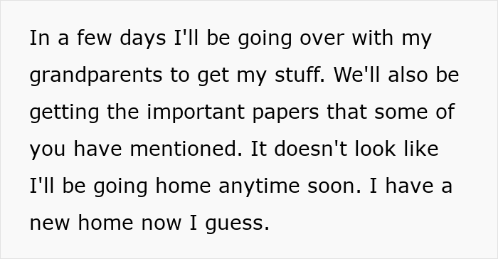 Text post showing a teen leaving home after dad chooses his girlfriend over her, raising questions about adoption timing.