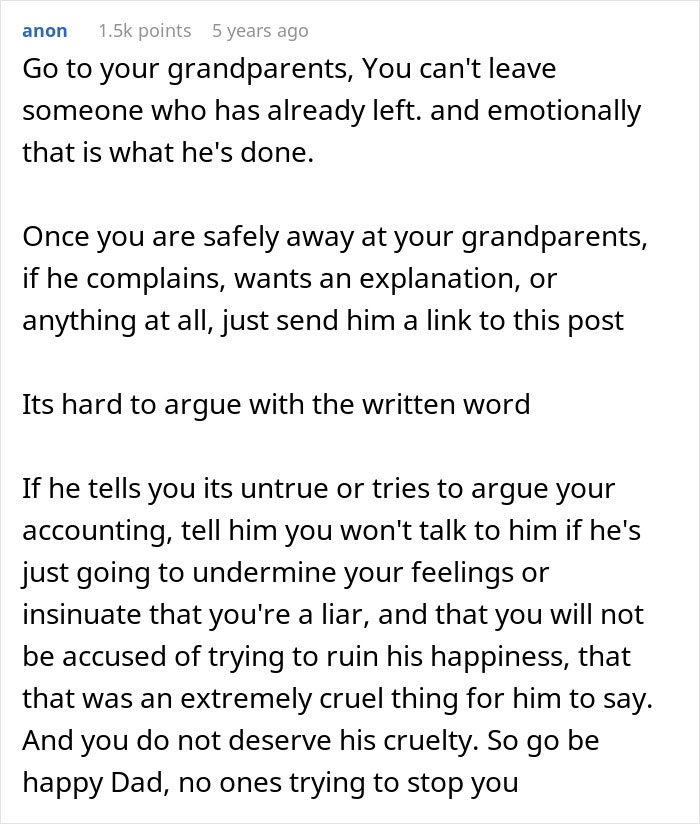 Text advice from anonymous user about teen leaving home after dad chooses girlfriend over her, discussing adoption issues.