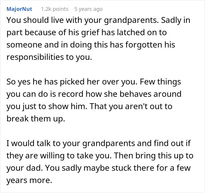 Comment suggesting a teen live with grandparents after dad chooses his girlfriend over her, reflecting adoption and family conflict.