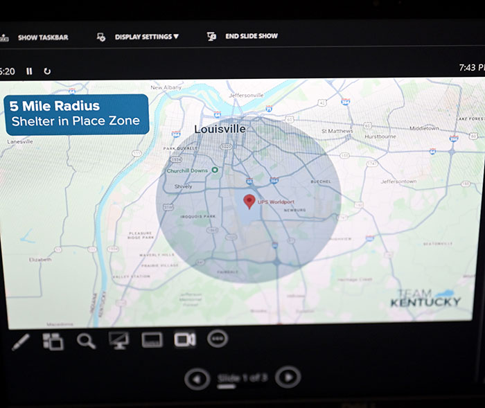 Map showing 5 mile radius shelter in place zone around Louisville after terrifying UPS plane crash with multiple casualties. Map showing 5 mile radius shelter in place zone around Louisville after terrifying UPS plane crash with multiple casualties.