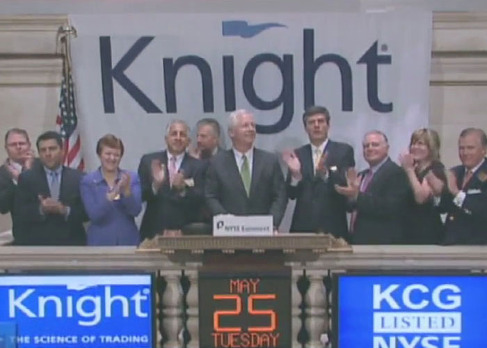 Corporate Darwin Award concept illustrated by Knight company executives applauding at a stock exchange trading floor event.