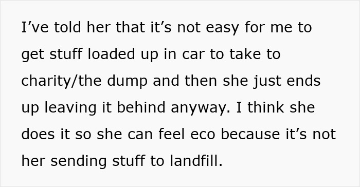 Text excerpt discussing a lady gifting broken items under the guise of being green, causing disagreement with her friend. Text excerpt discussing a lady gifting broken items under the guise of being green, causing disagreement with her friend.