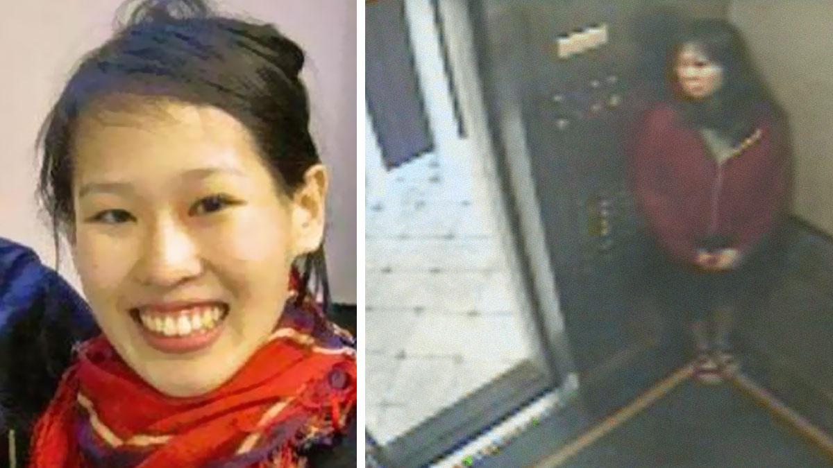 Split image showing a smiling woman in a red scarf and a grainy security camera view inside an elevator strange internet corners.