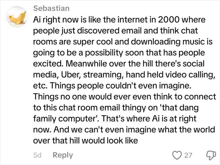 Comment comparing AI’s current state to early internet days, highlighting evolving technology and future possibilities.