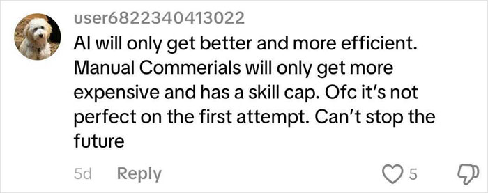 User comment about AI improving efficiency and manual commercials becoming more expensive, related to Coca-Cola holiday commercial prompts.