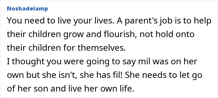 Comment discussing a mother-in-law needing to let go of her son as couple plans to move to city for DIL's job.