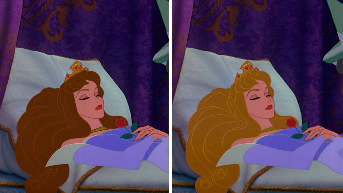 Sleeping Disney princess shown in two versions, highlighting how iconic characters have been altered for true Disney fans to spot.