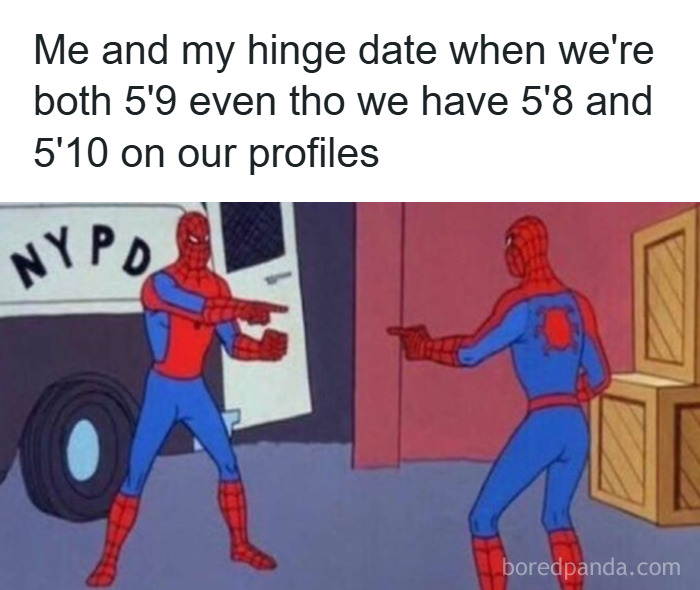 Two Spider-Men pointing at each other with text about dating profiles and height differences, illustrating unhinged dating humor.
