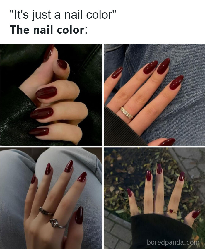 Close-up collage of long dark red manicured nails showing fashion and makeup style for diva life memes.