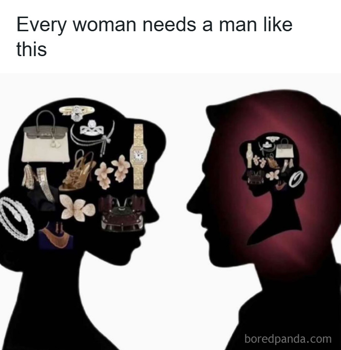 Silhouettes of a woman and man filled with makeup, fashion accessories, and diva life items representing relationship dynamics.