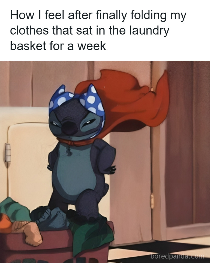 Cartoon character standing triumphantly on a laundry basket, representing relatable moments from random memes about unique experiences.