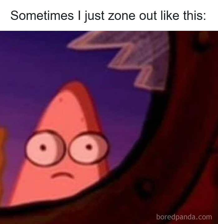 Patrick Star cartoon character with wide eyes peeking through a window, illustrating random memes about unique experiences.