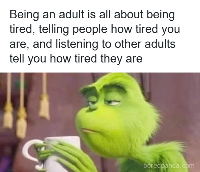Meme about being an adult and feeling tired, illustrating common experiences with humor and relatable content.