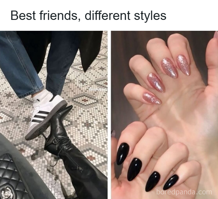 Side-by-side image showing contrasting fashion styles with casual sneakers and glittery black manicure, highlighting makeup and fashion memes.