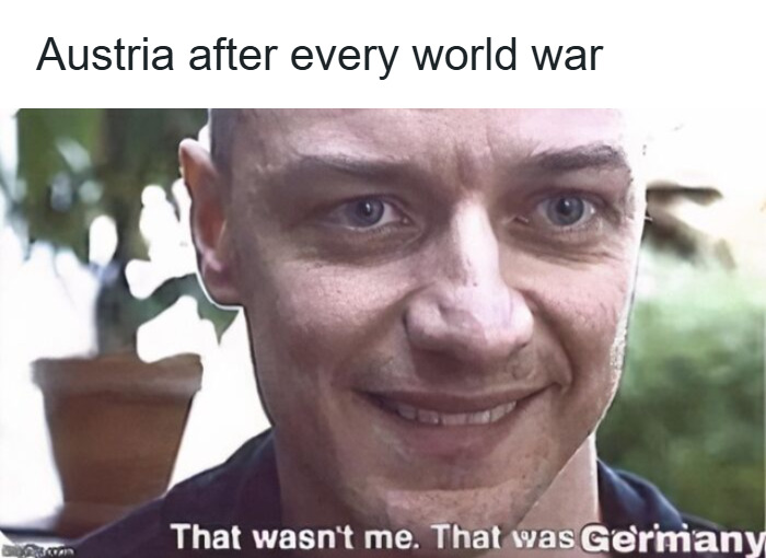 Man smiling in meme about Austria blaming Germany after every world war, a hilarious history meme concept.