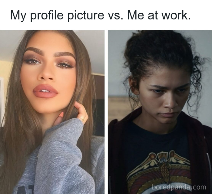 Side-by-side images showing contrast between makeup glam and natural look related to makeup fashion diva life memes.