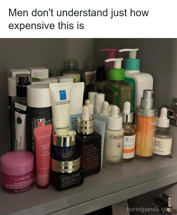 Skincare and makeup products displayed on a shelf highlighting the expensive side of fashion and diva life memes.