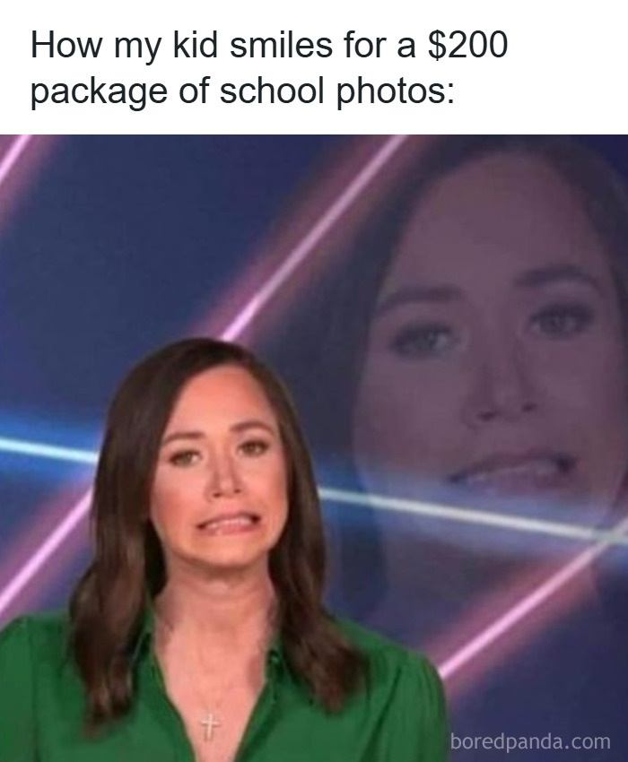 Woman making an awkward smile with laser light background meme, representing random memes about never having unique experiences.