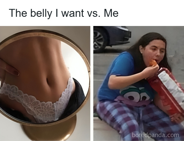 Comparison meme showing desired flat belly reflected in mirror next to casual person eating chips, random memes theme.
