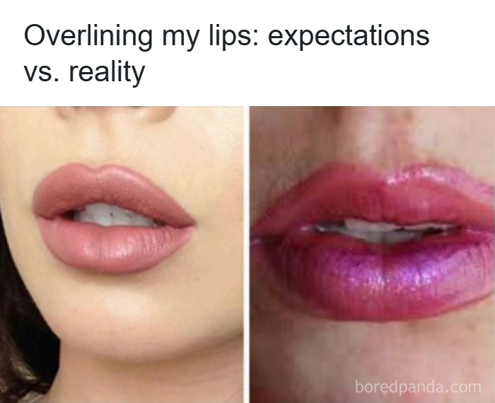 Close-up of lips illustrating a makeup meme showing expectations versus reality of overlining lips with lipstick.