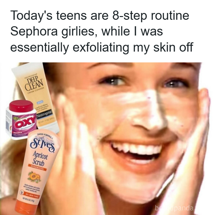 Teen smiling with exfoliating face scrub, featuring Neutrogena, Oxy, and St. Ives products in makeup and fashion meme.