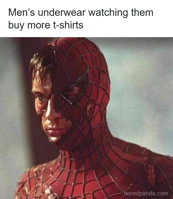 Half-mask Spider-Man with a serious expression, representing random memes about never having unique experiences.