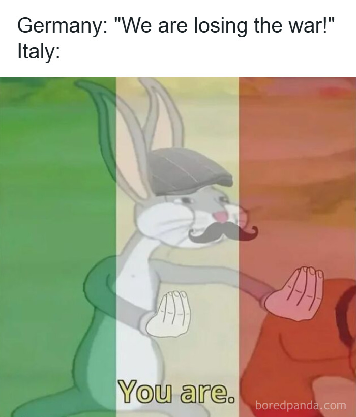 Meme with Bugs Bunny in Italian flag colors, wearing a hat and mustache, using an Italian hand gesture humor in history memes context