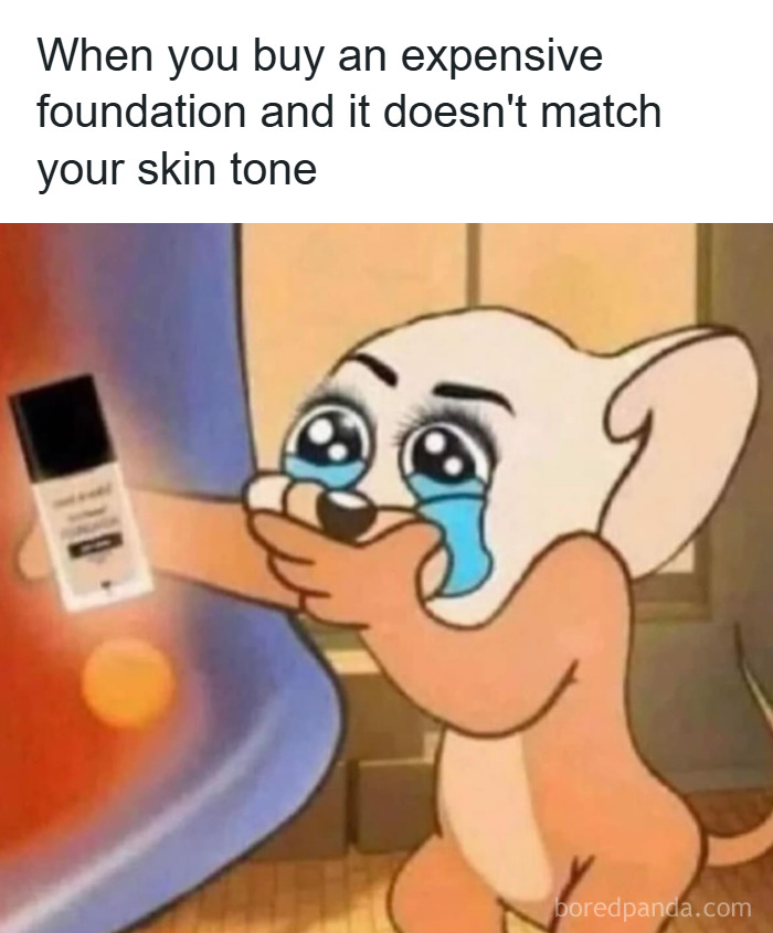 Crying cartoon character holding a foundation bottle representing makeup struggles with matching skin tone in fashion and diva life.