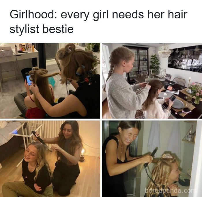 Four images showing friends styling each other's hair, capturing makeup, fashion, and diva life moments with hairstylist besties.