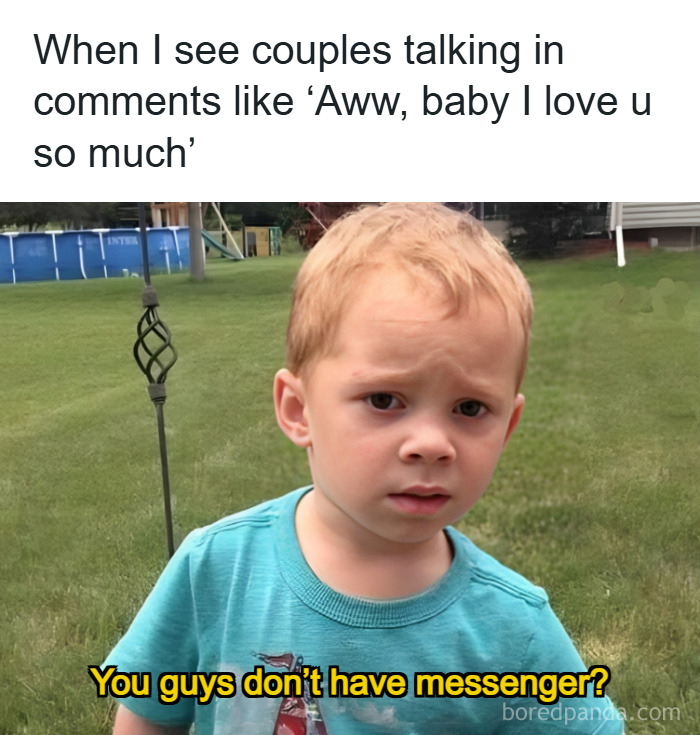 Confused child outdoors reacting to couples' sweet comments, illustrating random memes about never having a unique experience.