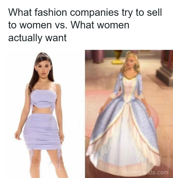 Comparison meme showing trendy fashion from companies versus women’s ideal fairy-tale dress related to makeup fashion diva life.