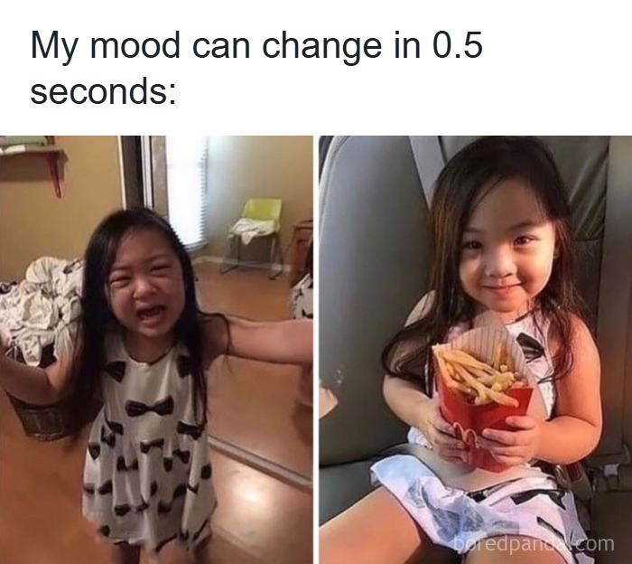 Young girl showing mood change in 0.5 seconds, illustrating random memes about shared unique experiences.