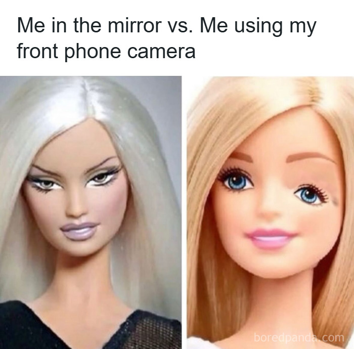 Two dolls side by side labeled me in the mirror and me using front phone camera, highlighting makeup and diva life humor.