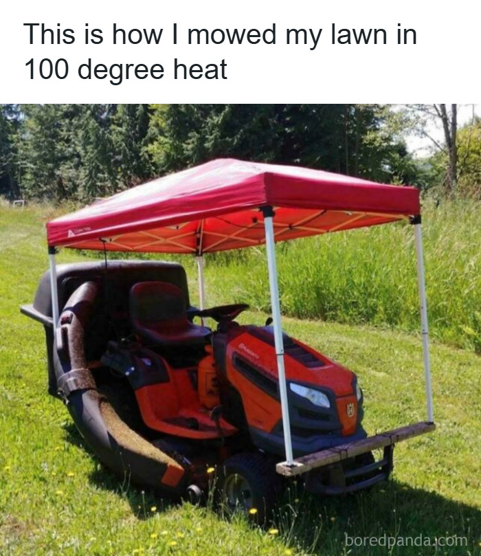 Lawn mower with a red canopy attached, showing a redneck engineer's inventive way to mow in extreme heat.