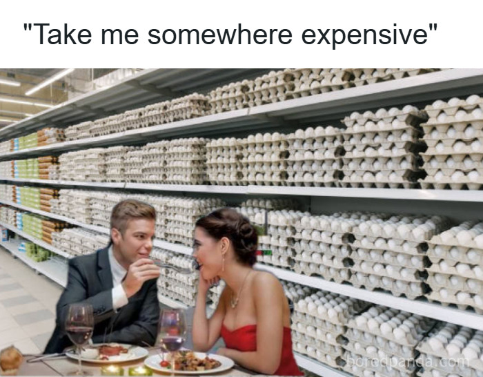 Couple dining in a grocery store aisle filled with eggs, representing relatable random memes about unique experiences.