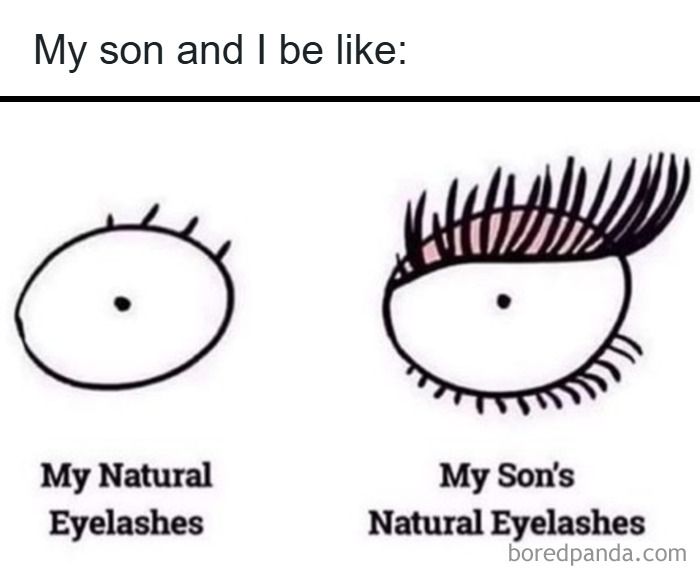 Simple cartoon comparing natural eyelashes of parent and child, highlighting relatable random memes about shared experiences.
