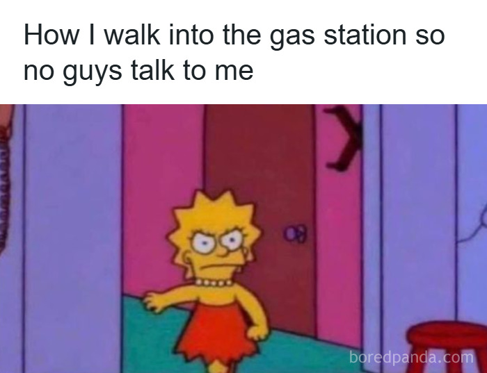 Lisa Simpson walking angrily into a room with text about avoiding interactions at a gas station, random memes concept.