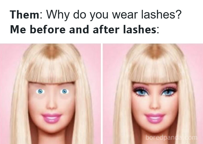 Comparison of a doll's face before and after wearing lashes, highlighting makeup and diva life humor in fashion memes.