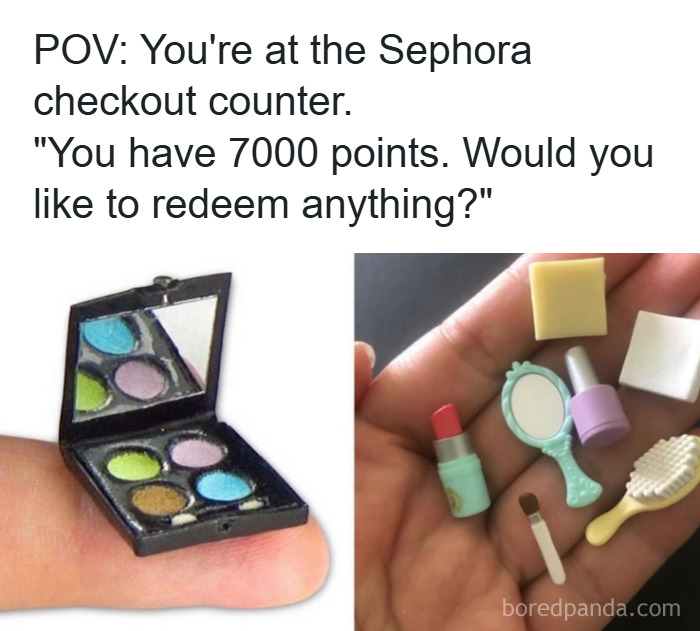 Miniature makeup items including eyeshadow palette, lipstick, mirror, nail polish, and brush held in a hand, makeup and fashion meme.
