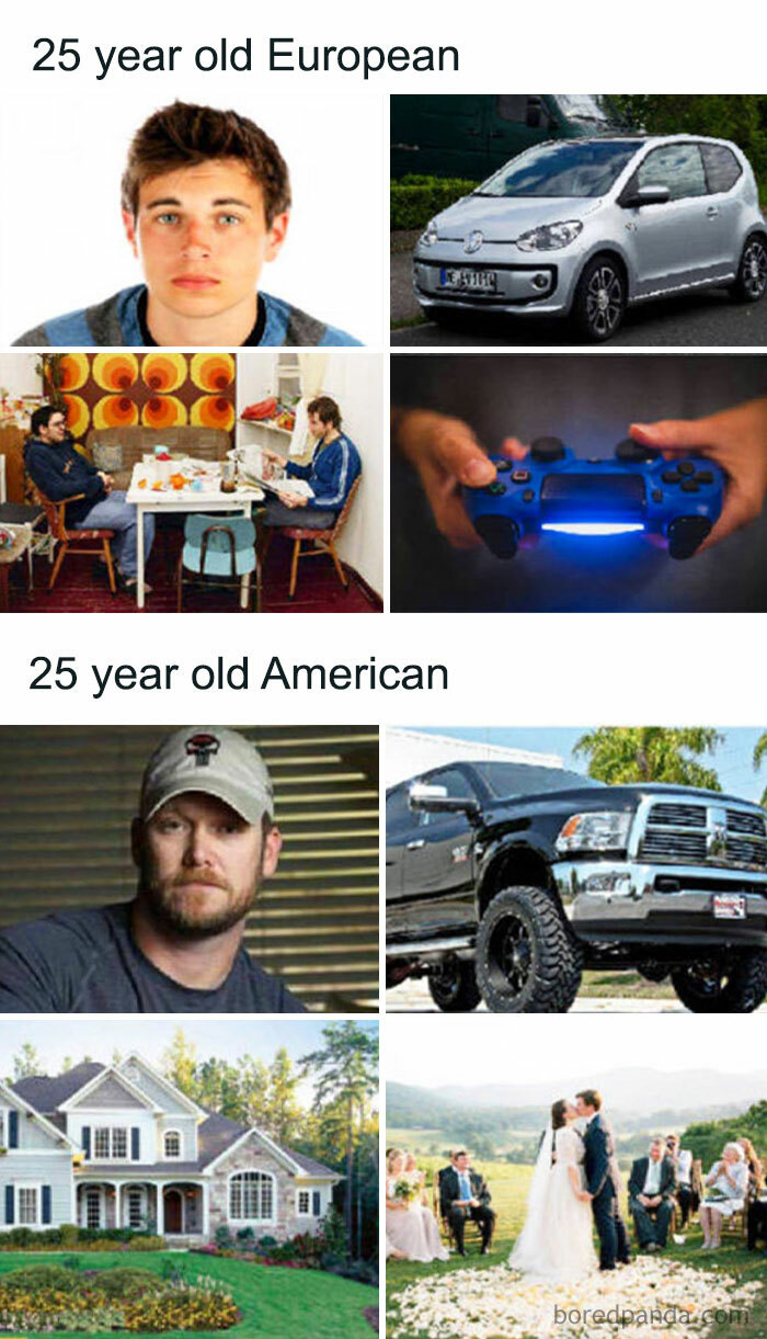 Comparison of 25 year old European and American lifestyles illustrating cultural differences in humorous context of dumbest things posted.