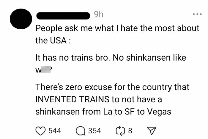Screenshot of a social media post humorously criticizing the lack of high-speed trains in the USA, highlighting dumb posts.