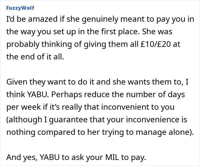 Forum text discussing pregnant SIL paying nieces for help, and mom stopping visits after money stops coming.