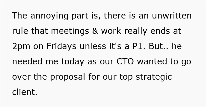 Text excerpt about manager letting employee take time off but getting upset when employee actually does, discussing work ending early on Fridays. Text excerpt about manager letting employee take time off but getting upset when employee actually does, discussing work ending early on Fridays.