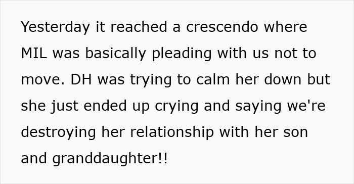 Text displaying a family conflict where MIL accuses daughter-in-law of stealing her son amid plans to move to the city.