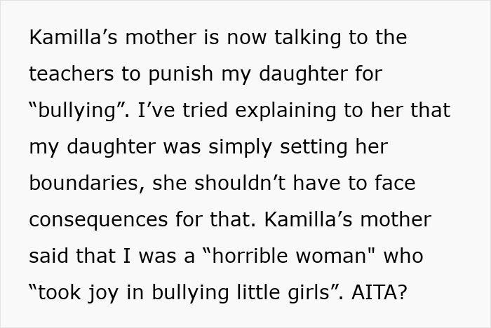 ALT text: Text about a 13-year-old refusing to invite a girl from school, causing conflict over bullying and boundaries. ALT text: Text about a 13-year-old refusing to invite a girl from school, causing conflict over bullying and boundaries.