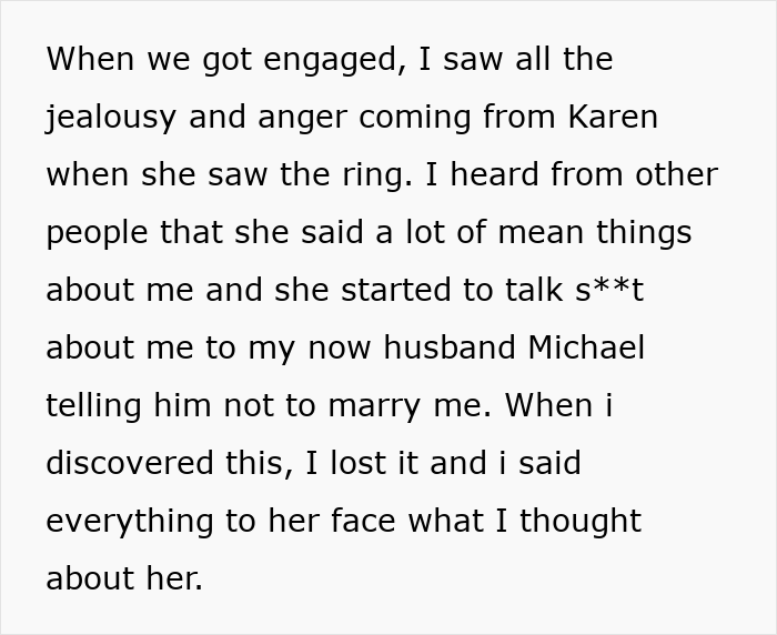 Text excerpt describing jealousy and anger from Karen about an engagement ring, leading to confrontation with her. Text excerpt describing jealousy and anger from Karen about an engagement ring, leading to confrontation with her.