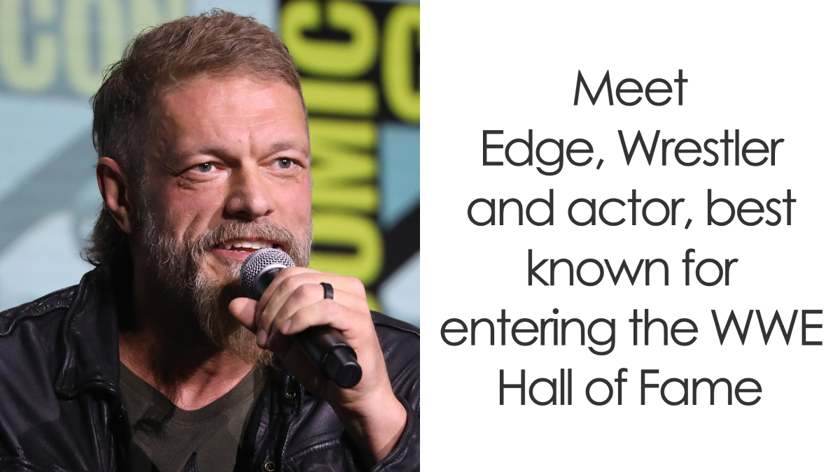 Edge speaking at an event, wearing a black jacket, highlighting key moments from his bio and career.