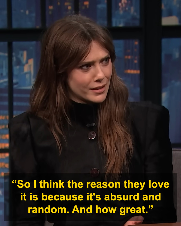 Elizabeth Olsen discussing the viral 6,7 meme with a confused expression during a televised interview. Elizabeth Olsen discussing the viral 6,7 meme with a confused expression during a televised interview.