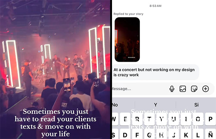 Blurry concert photo with people filming on phones alongside entitled client text about not working on design.