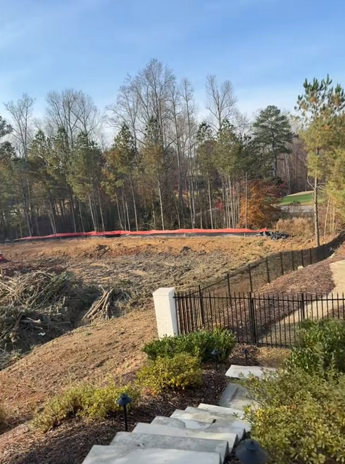 Cleared yard with bulldozed trees near residential fence, highlighting tree law dispute and neighborhood conflict.